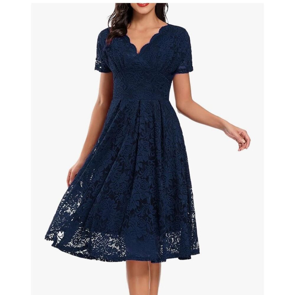 NEW Blue Lace Floral Embroidery Elegant Midi Dress 2X